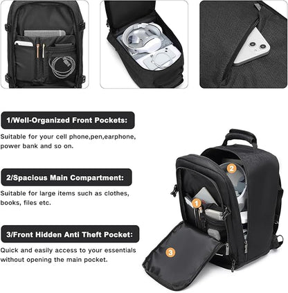 Kono Carry on Backpack, 16" Airplane Approved Under Seat Travel Backpack for Men and Women, Waterproof Lightweight Daypack for Flight 20L (Black, Small)