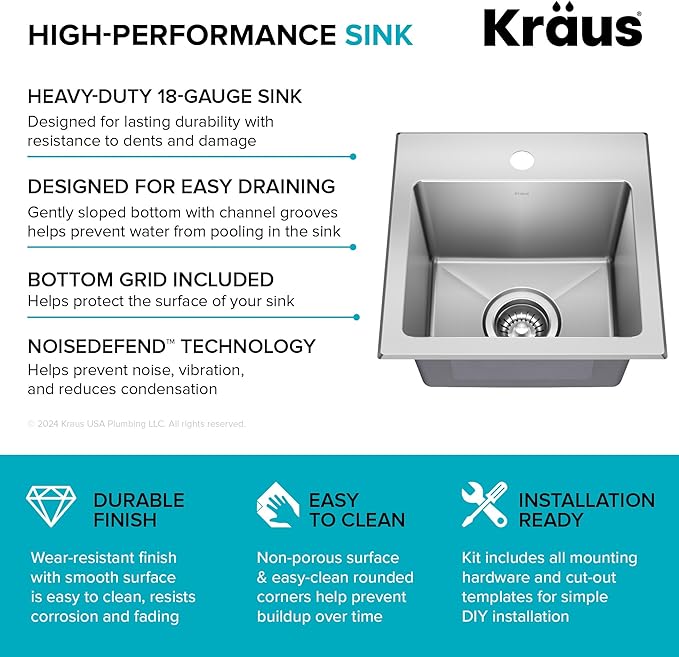 KRAUS Fairlane 15-inch Drop In/Top Mount Single Bowl 18-Gauge Stainless Steel Kitchen Bar Sink, KHT631-15