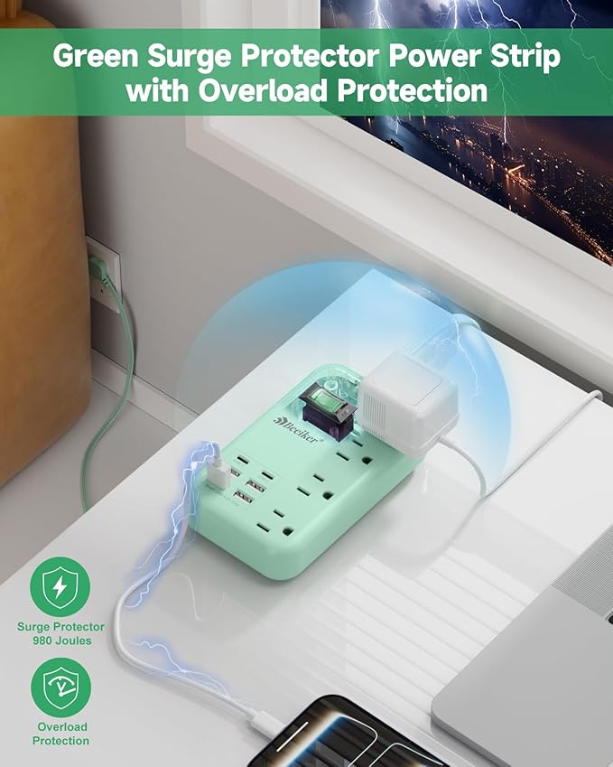 6 USB Green Travel Power Strip- 5Ft Green Extension Cord with 4.8A 2 USB C Charging Station and 4 Outlets, Cute Desk Accessories with Switch for Kawaii Pink Home Office College Dorm Room 24W