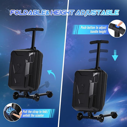 smilesun Scooter Suitcase for Kids & Adults, Foldable Carry On Travel Luggage, Hardside Ride on Scooter Suitcase with LED Light up Wheels，Black