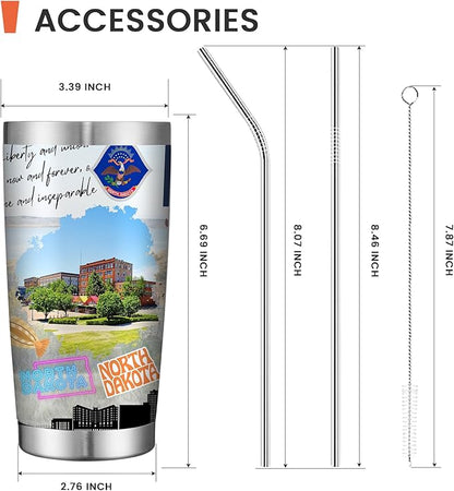 20oz Insulated Tumbler North Dakota State Coffee Mug, United States Map Travel Mug Landmark, Birthday Gifts Cute Custom Tumbler Cups with Lid and Straw Gifts for Mom