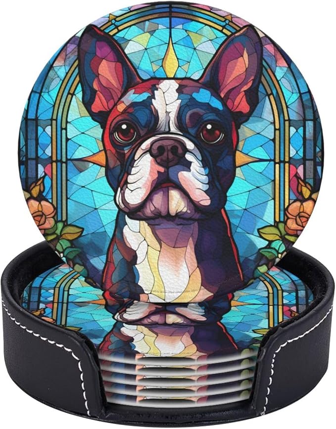 Boston Terrier Stained Dog Breed Glass Art Leather Drinks Coasters