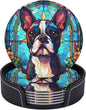 Boston Terrier Stained Dog Breed Glass Art Leather Drinks Coasters