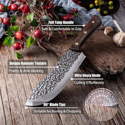 ROCOCO Butcher Knife for Meat Cutting Hand Forged 7" Sharp Full Tang Kitchen Meat Cleaver Cooking Knives for Home Outdoor Camping BBQ Christmas Father's Day Gift Idea Men