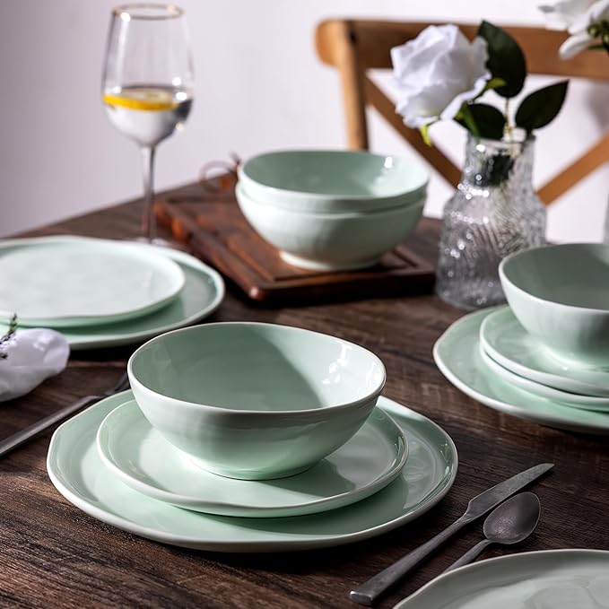 LERATIO Ceramic Dinnerware Sets for 4,Porcelain Plates and Bowls Sets with Wavy Edge,Microwave & Dishwasher & Oven Safe,Light Weight & Scratch Resistant Dishes Sets-Service for 4 (12pcs)-Light Green