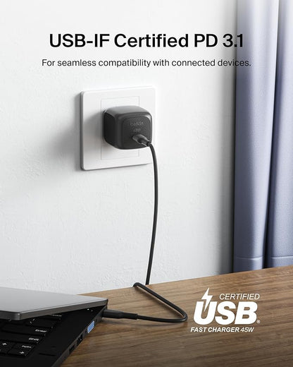 Belkin USB C Charger Block 45W (2 Pack) - USB C Cable Included - PD3.1 PPS Fast Charging - Samsung Galaxy S25, S24, Apple iPhone 17, Air, Pro, Pro Max, Google Pixel 10, Nintendo Switch, etc - Black