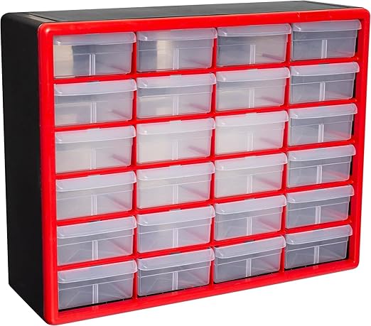 Akro-Mils 24-Drawer Plastic Drawer Storage Cabinet for Garage Organization, Bead Organizer, Building Bricks Storage, Teacher Toolbox, Makeup Organizer, 20" W x 6" D x 16" H, 10124 Red