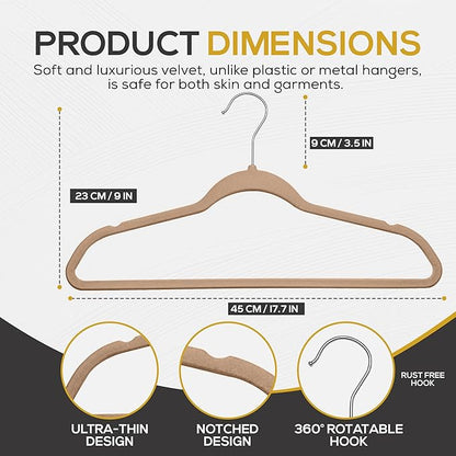 50 Pack New Premium Quality Velvet Hangers Ultra Thin Non Slip Adult Felt Space Saving Hangers for Closet Heavy Duty Coat Pants Dress Hangers 360° Swivel Hook Hold Upto 10 lbs Warm Taupe