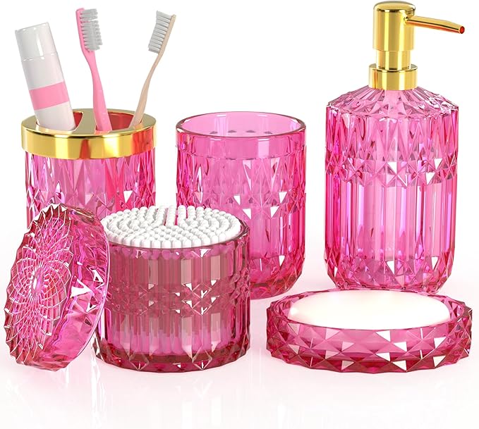Hot-Pink Glass Bathroom Accessories Set 5 Pcs, Hot-Pink Bathroom Set, Soap Dispenser and Toothbrush Holder Set, Qtip Holder Set, Vintage Bathroom Sink Set, Cute Bathroom Decor