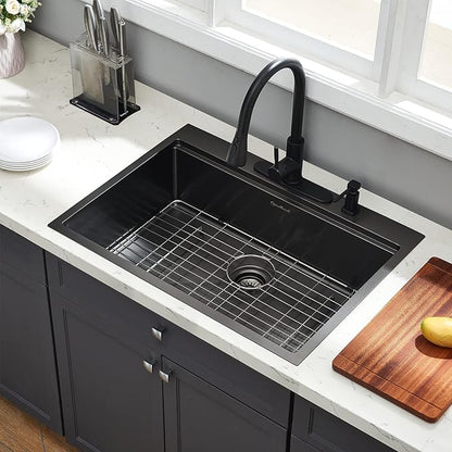Drop-in Kitchen Sink - Single Bowl Workstation with Cutting Board, 30 x 22 x 10, Gunmetal Black, 16 Gauge Stainless Steel