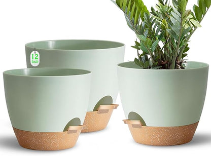 Indoor Pot For Plants 3 Pack 12/10/9 Inch Self Watering Pot For Lazy People,Self Watering Pots For Indoor Plants,Outdoor Pots For Succulent, African violets And Cactus Green Plastic Flower Pots