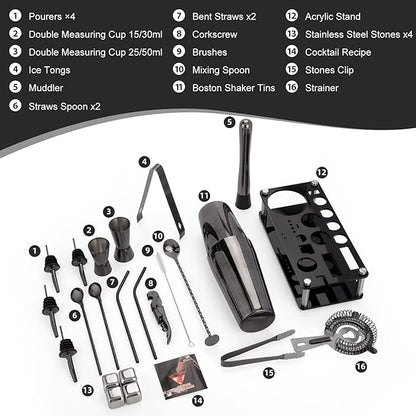 Cocktail Shaker Set, 23-Piece Boston Stainless Steel Bartender Kit with Acrylic Stand & Cocktail Recipes Booklet, Professional Bar Tools for Drink Mixing, Home, Bar, Party - Black