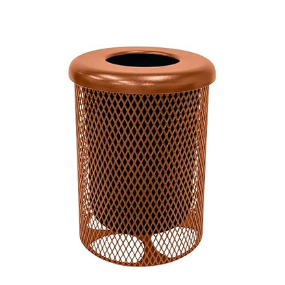 COATEDOUTDOORFURNITURE 32-Gallon Heavy-Duty Expanded Metal Round Trash Receptacle, Commercial Outdoor Waste Bin with Liner & Black Flat Top Lid – Made in America (Textured Copper)