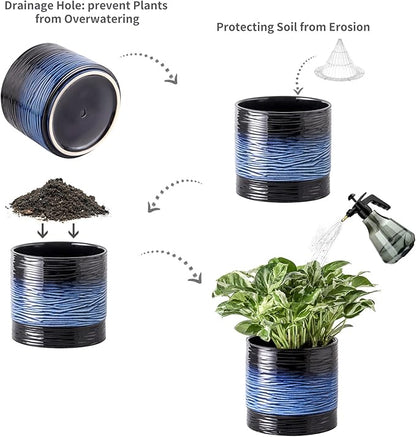Nihow Ceramic Plant Pot: 6 Inch Planter with Drainage Hole & Saucer for Indoor & Outdoor Plants - Cylinder Round Flower Pot for Succulent/Herbs/Violets - Black & Vivid Blue
