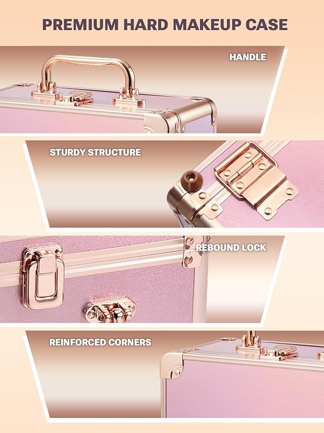 Qislee Makeup Box with A Detachable Lighted Mirror, Waterproof Travel Train Case, Cosmetic Organizer and Makeup Suitcase with Adjustable Dividers, Magnetic LED Mirror(Sparkling Gradient Pink)