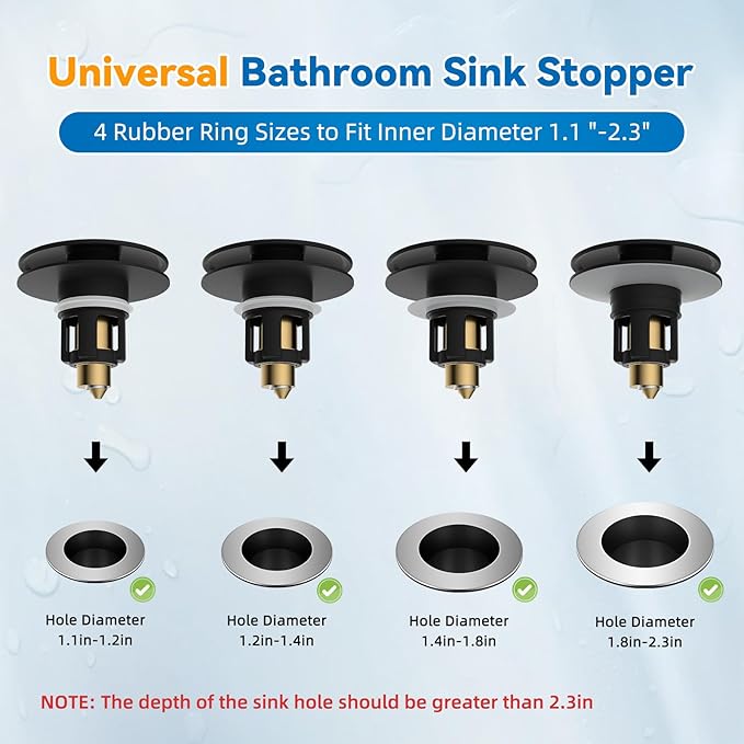 iFealClear Universal Black Bathroom Sink Stopper, Metal Pop Up Sink Drain Strainer with Hair Catcher, Fit 1.1"-2.36" US Basin, Wash Basin Drain Plug, Big Cover Cap, Brass Bounce Core, Matte Black
