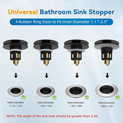 iFealClear 2 Pack Universal Bathroom Sink Stopper, Pop Up Sink Drain Strainer with Hair Catcher Basket, Fit 1.1"-2.36" US Basin, Wash Basin Drain Plug, Big Cover Cap, Brass Bounce Core, Matte Black