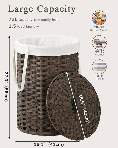Laundry Hamper with Lid, 19.0 Gal (72 L) Round Wicker Laundry Basket, Handwoven Rattan Basket with Lid, Removable Bag, 2 Mesh Bags, Handles for Living Room, Bathroom, Brown