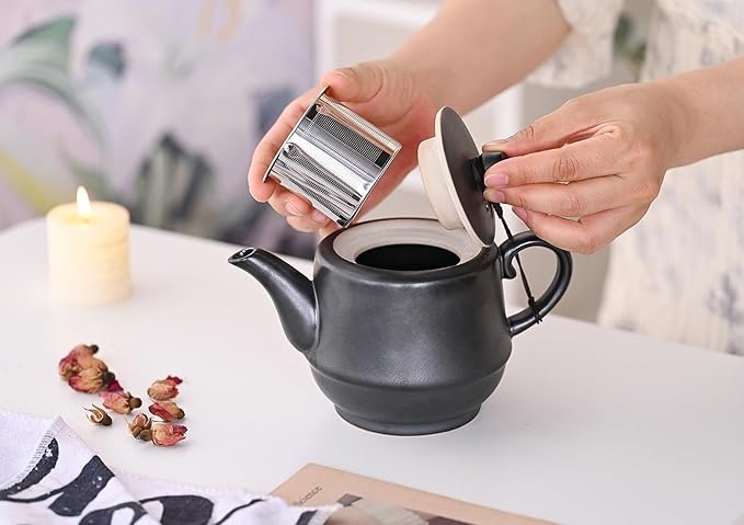 Rural Style Ceramic Teapot with Stainless Steel Infuser 16 Ounces Porcelain Blooming & Loose Leaf Teapot (Black)