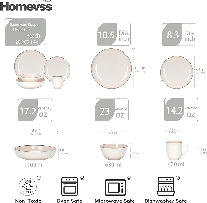 HomeVSS 20-Piece Dinnerware Set - Serves 4, Bright Glaze Peach plates and bowls sets with Speckle Effect for Microwave & Dishwasher Safe