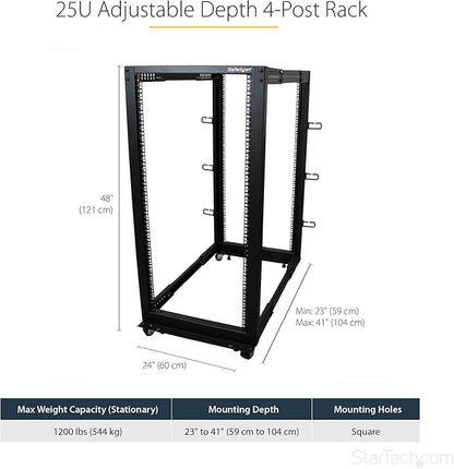 StarTech.com 4-Post 25U Mobile Open Frame Server Rack, 19in Network Rack with Wheels, Rolling Rack for Computer/AV/Data/IT Equipment - Casters, Leveling Feet or Floor Mounting (4POSTRACK25U)