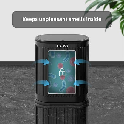 1.8 Gallons Small Stainless Steel Trash Can with Press Type Lid, Slim Bathroom Garbage Bin, Removable Liner Bucket, Dog Proof Narrow Wastebasket with Pop-Up Lid for Bedroom,Toilet (Matt Black)