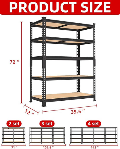 PrimeZone 35.5" x 12" x 72" Heavy Duty Storage Shelves - 5 Tier Adjustable Garage Storage Shelving, Metal Storage Utility Rack Shelf Unit for Warehouse Pantry Closet Kitchen, Black, 4 Pack