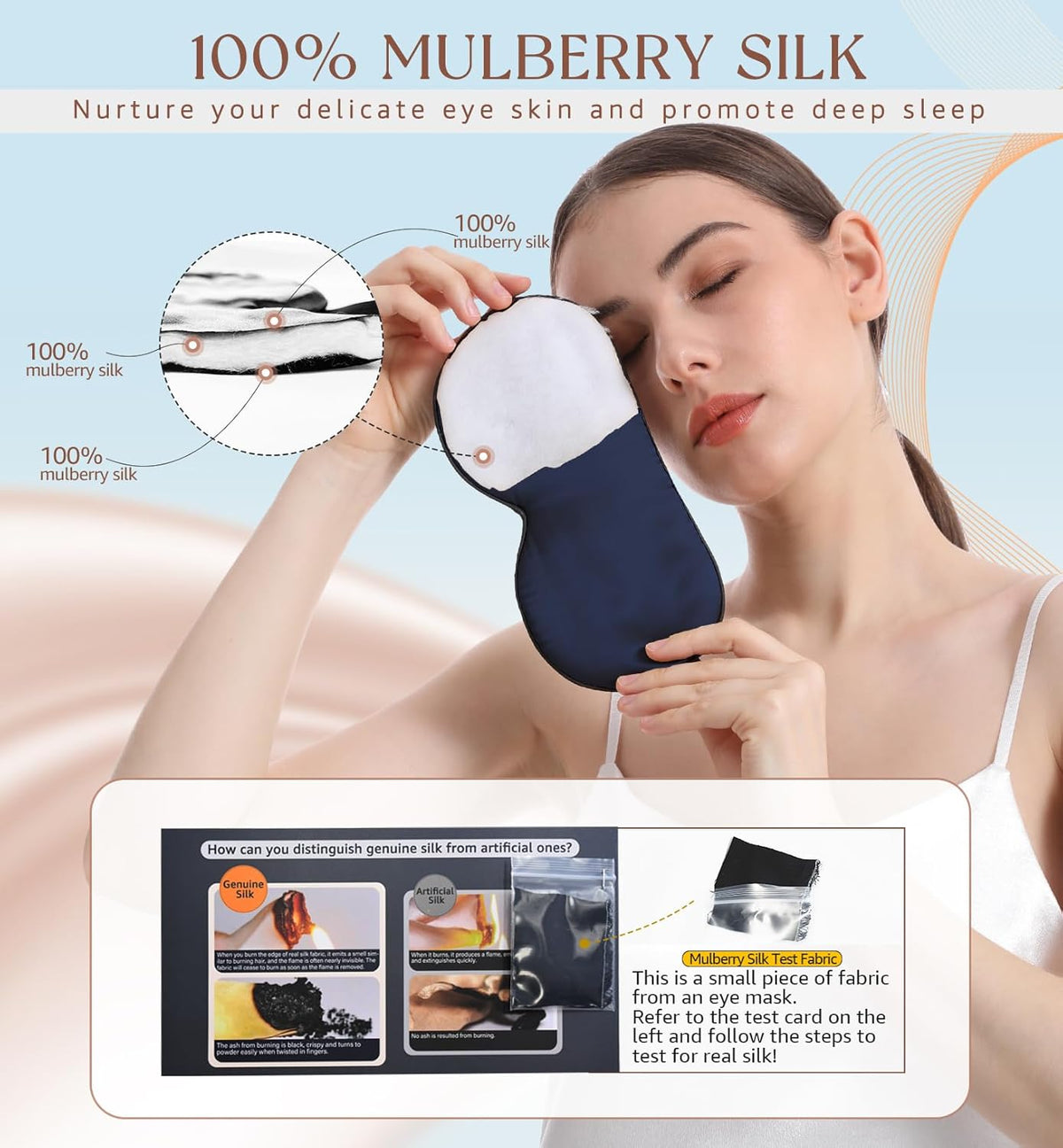 HiRui Silk Sleep Mask, 100% Natural Mulberry Silk of Double-Sided & Inner-Filling, Ultra-Smooth Soft, Adjustable Strap, Blocks Light for Night Sleeping, Travel, Office Naps (Navy Blue)