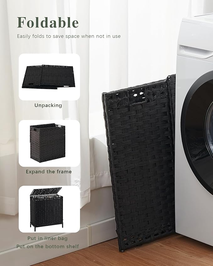 Laundry Hamper with Lid 132 L, (35 Gallons) Clothes Hamper with Lid, Handwoven Rattan Laundry Hamper with Metal Heightened Feet, Laundry Hampers with 3 Removable Liner Bags for Laundry-Black