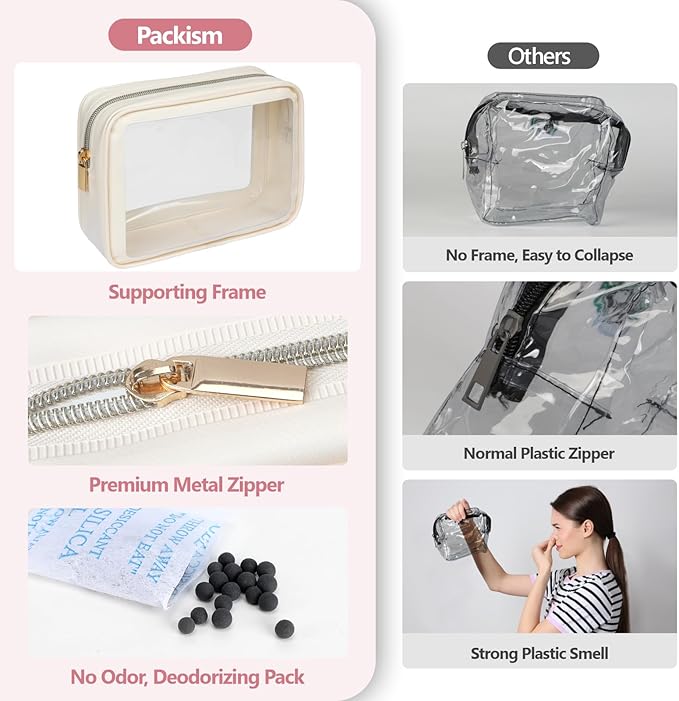 PACKISM Clear Makeup Bag - Soft Plastic Color-Edged TSA Approved Toiletry Bag, Reusable Clear Toiletry Bags with Golden Zipper, Beige