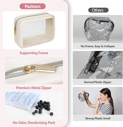 PACKISM Clear Makeup Bag - Soft Plastic Color-Edged TSA Approved Toiletry Bag, Reusable Clear Toiletry Bags with Golden Zipper, Beige
