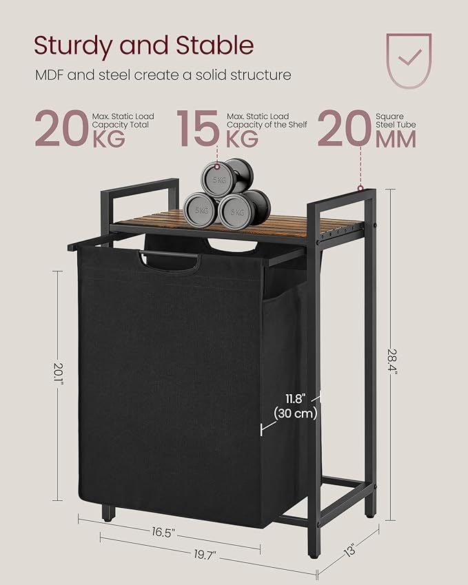 VASAGLE Laundry Hamper, Laundry Basket, Laundry Sorter with A Pull-Out and Removable Bag, Shelf, Metal Frame, 17.2 Gallons (65 L), 19.7 x 13 x 28.4 Inches, Black and Rustic Brown UBLH101B01