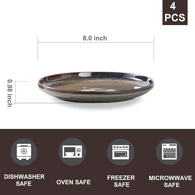 Ceramic Flat Plates Set of 4-8 in - The Dessert, Salad, Appetizer, Small Lunch, etc Plate. Microwave, Oven, and Dishwasher Safe, Scratch Resistant. Kitchen Porcelain Dish-Caramel Brown