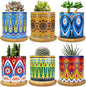 Mandala Succulent Pot with Drainage Hole & Bamboo Coaster, Small Plant Pots, Bohemian Ceramic Succulent Planter Pot for Small Plant-6 Pack