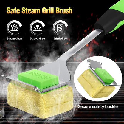 Grill Brush Bristle Free for Outdoor Grill, Steam Grill Cleaning Brush Replaceable BBQ Cleaner Brush Head,Extended Handle, Safe Grill Brush with Scraper for Cast Iron Stainless-Steel Grates,Green