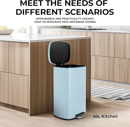 8 Gal Kitchen Trash Can, 30L Recycling or Garbage Bin, Brushed Stainless Steel Waste Basket, Soft&Quiet Close Dustbin, with Step-On Pedal, Removable Inner Bucket, for Home, Office, Living Room