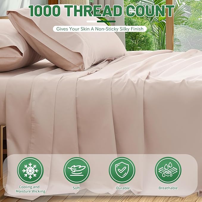 1000 Thread Count Egyptian Cotton Sheets Queen Size Set 4PCS Sateen Weave Soft Breathable 16-Inch Deep Pocket（Queen,Dusty Pink）