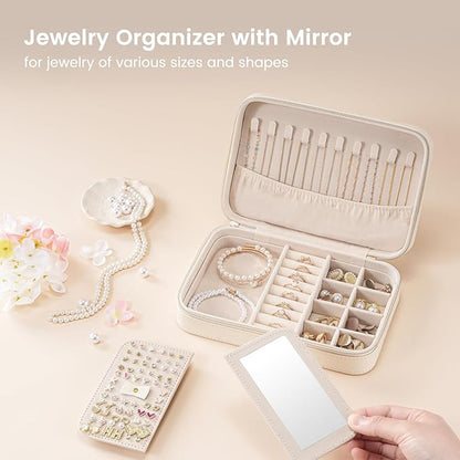 Lolalet Travel Jewelry Case for Women, Travel Jewelry Organizer Box with Mirror & Clear Storage Bag, Small Portable Traveling Earring Necklace Bracelet Ring Case, Bridesmaid Gifts -Medium, White