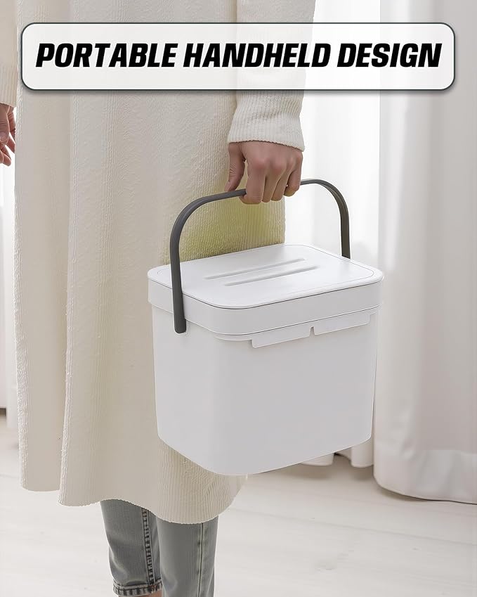 Kitchen Compost Bin - 1.8 Gallons Hanging Trash Can with Lid for Kitchen Cabinet Door, Under Sink, Wall Mounted Waste Bin for Bathroom, 7L(White)