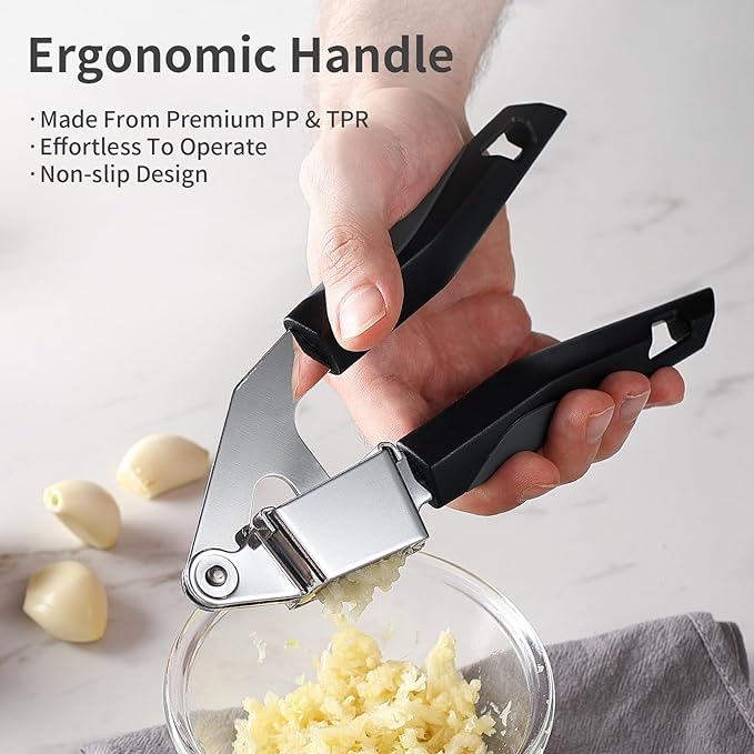 Garlic Press Stainless Steel, Professional Manual Garlic Mincer Garlic Crusher for Kitchen Use, Easy to Squeeze and Clean, Rust Proof and Dishwasher Safe, 8.26-Inch, Black