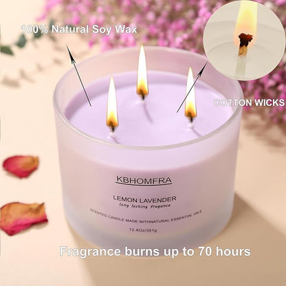 Scented Candle for Home, Lemon Lavender Essential Oils Fragrant, Soy Wax 12.4oz Large Capacity,3-Wick 70 Hours Burn,for Festival Luxury Gift,Sleep Relaxation Ambience