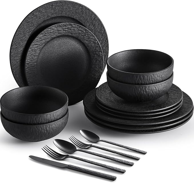 KINGSTONE Black Dinnerware Sets with flatware, 32-Piece Matte Marble Pattern Premium Porcelain, Place Setting with Dinner Plate, Salad Plate, Pasta Bowl, Microwave and Dishwasher Safe