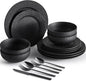 KINGSTONE Black Dinnerware Sets with flatware, 32-Piece Matte Marble Pattern Premium Porcelain, Place Setting with Dinner Plate, Salad Plate, Pasta Bowl, Microwave and Dishwasher Safe