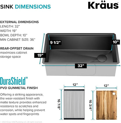 KRAUS Kore Workstation 32-inch Undermount 16 Gauge Black Stainless Steel Single Bowl Kitchen Sink in PVD Gunmetal Finish with Accessories, KWU110-32/PGM