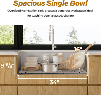 36 Inch Workstation Kitchen Sink, TECASA Undermount Deep Single Bowl, 16 Gauge Stainless Steel with Integrated Ledge and Accessories, World-Class Manufacturing Standard (18" x 36" x 10")
