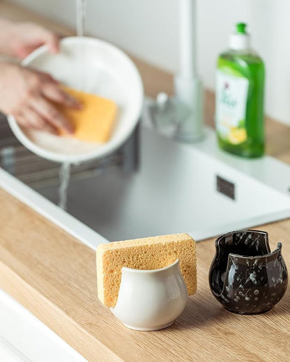 Kitchen Sponge Holder, Ceramic Dish Sponge Holder Kithen Sink Organizer Farmhouse Brush Holder Dish Rack for Bathroom, Kitchen, Sink, Black