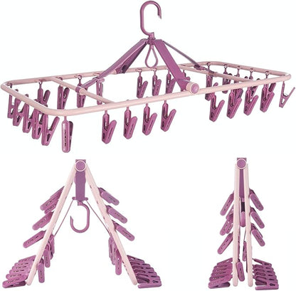 Foldable Clip Hangers with 32 Clothespin Drying Clips,Laundry Clip Drip Drying Hanger for Underwear Socks Bras Lingerie Clothes(Pink)