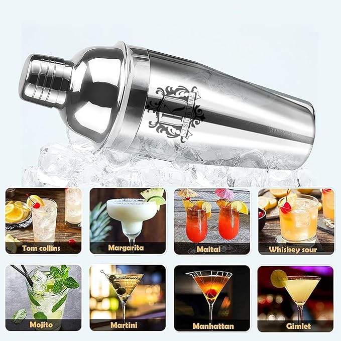 Personalized Cocktail Shaker 24oz - Custom Stainless Steel Bar Kit with Engraved Name, Built-in Strainer & Measuring Jigger & Spoon, Gift for Bartenders & Cocktail Lovers (Shield Design)