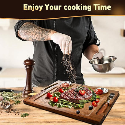 Acacia Wooden Steak Plates Board for Eating Set of 2,15.7" Meat Cutting Boards for Steak Food Serving Tray with Fork, Knife & Ramekins,Charcuterie Platter for Kitchen, BBQ & Entertaining