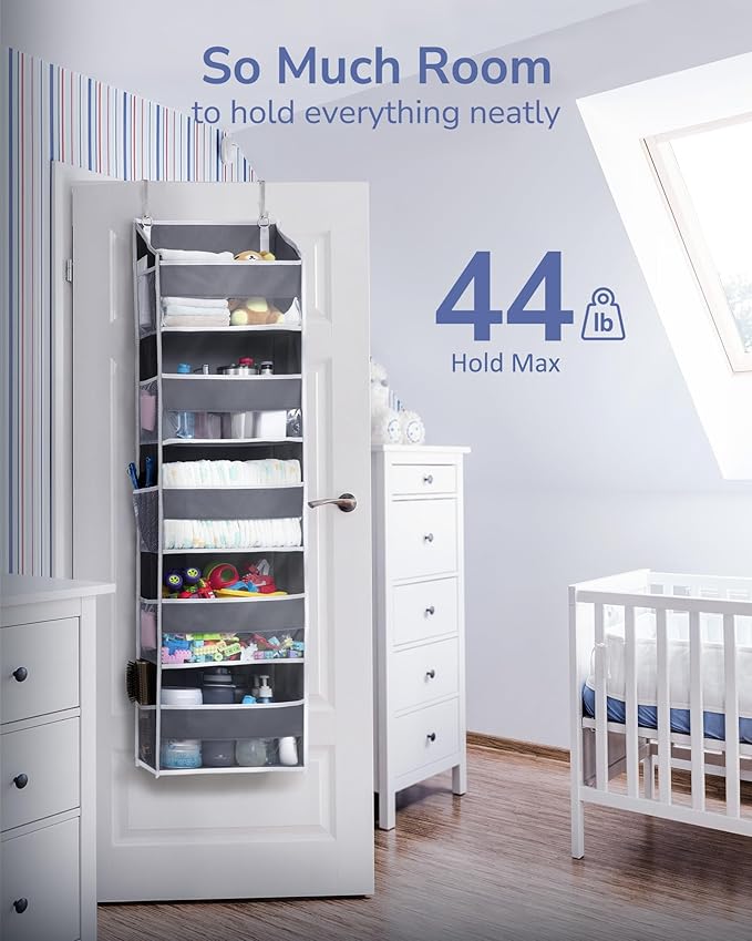 ULG 1 Pack Over Door Organizer with 5 Large Pockets 10 Mesh Side Pockets, 44 lbs Weight Capacity Hanging Storage Organizer with Clear Window Kids Toys, Shoes, Diapers, Dark Grey, 5 Layers
